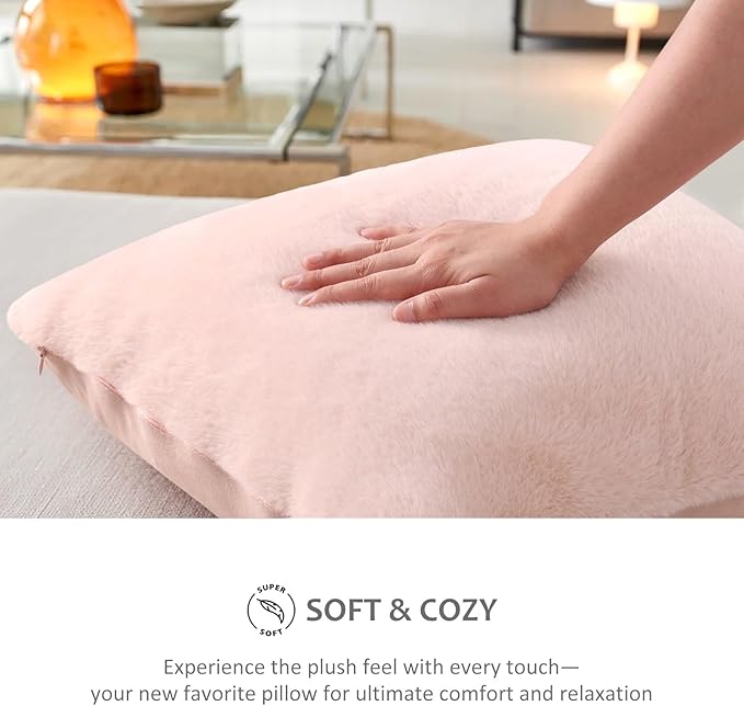 Pallene Faux Fur Plush Spring Throw Pillow Covers 24x24 Set of 2, Luxury Soft Fluffy Cozy Decorative Pillow Covers for Sofa, Couch, Living Room, Blush Pink