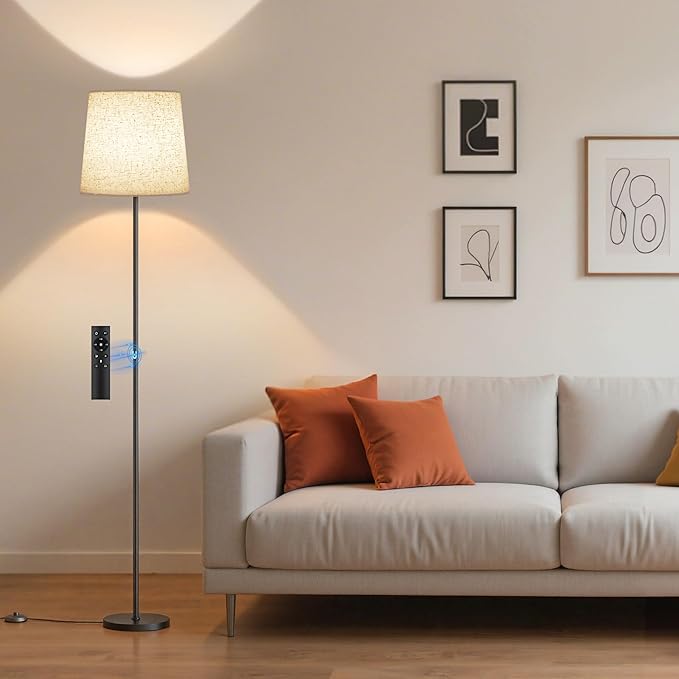 SIBRILLE Floor Lamp with Linen Shade - 62" Dimmable LED Standing Lamp with Remote Control, 9W E26 Bulb Included, 3000-6000K, Modern Floor Reading Light for Bedroom Living Room Office Corner, Black