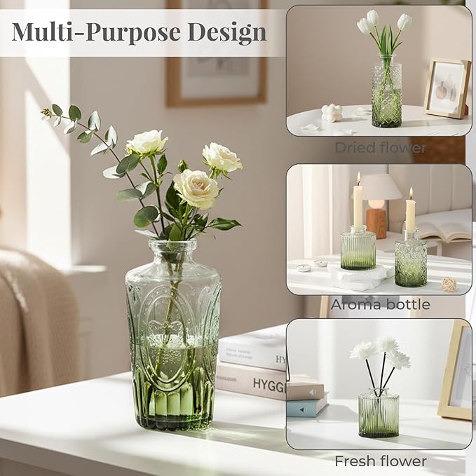 24 Pack Glass Vase in Bulk - BEAHOT Green Flower Bud Vases for Wedding Decorations, Glass Vase for Table Decorations, Small Vase for Home&Baby Shower, Mother's Day, Centerpieces, Party(Green Gradient)