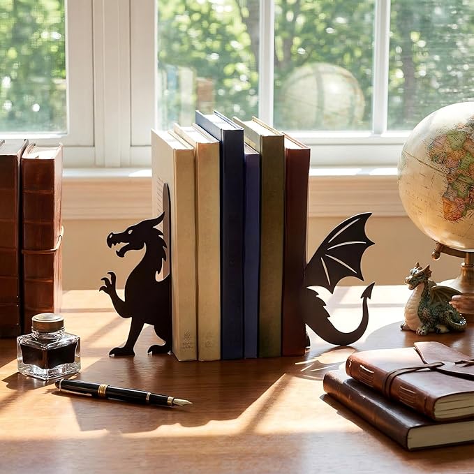 Geelin Dragon Metal Bookends Set of 2 Styles Fantasy Book Ends for Shelves Bookshelf Home Office Desk Bookshelf Decor Gift for Dragon Lovers and Reading Enthusiasts