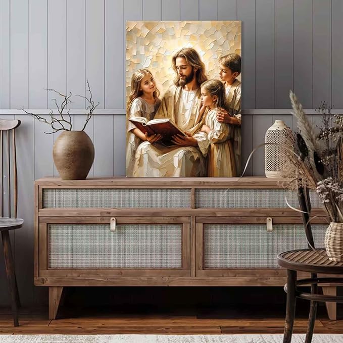 Jesus Teaching Child Canvas Wall Art Christian Kids Room Wall Decor God With Children Painting Pictures Religion Faith Poster Prints for Kids Room Bedroom Church Decoration 12X16
