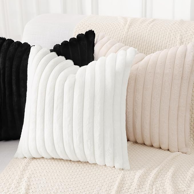 decorUhome Faux Fur Spring Throw Pillow Covers 18x18 Set of 2, Decorative Soft Plush Striped Neutral Couch Pillow Covers with Velvet Back for Sofa, Bed, Living Room Home, White
