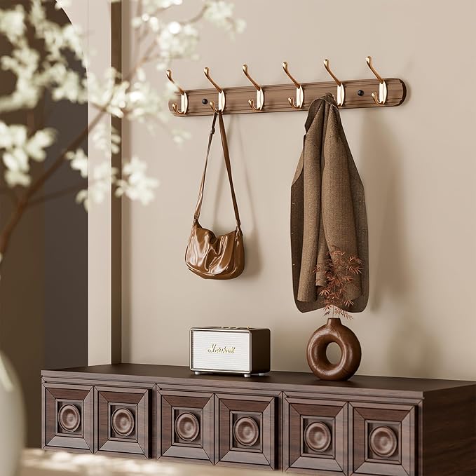 Coat Rack Wall Mount, Bamboo Coat Hanger with 6 Metal Pink Gold Hooks for Hanging Clothes, Towels, Keys, Hats, Bags(Brown)