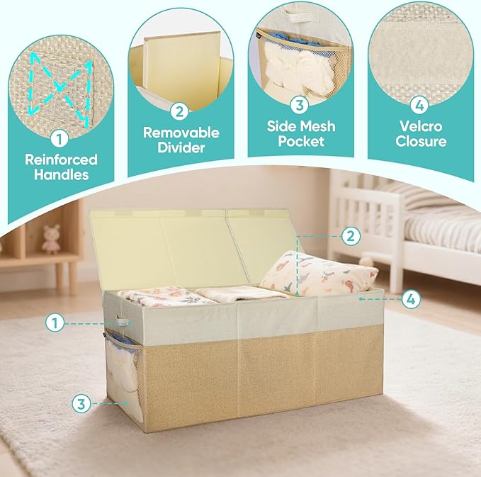 BALEINE Fabric Storage Bins with Lid, Collapsible Extra Large Storage Boxes Bins Baskets with Divider for Home Organizing (37.5"x13"x16", Pink)