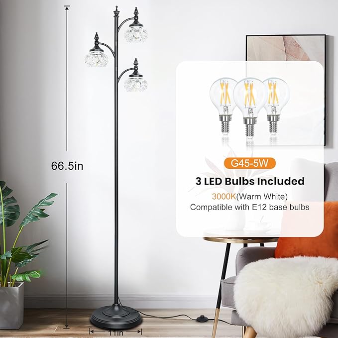 JUNNAI Black Floor Lamp for Living Room,Tall Standing Lamp Dimmable Tree Floor Lamps with 3 Rotatable Lights Glass Shade 66.5'' Modern Corner Lamp for Bedroom Office(3LED Bulbs Included)