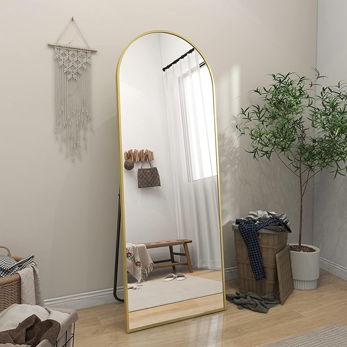 BEAUTYPEAK 64"x21" Full Length Mirror, Arch Full Body Floor Mirror, Wall Mirrors Hanging or Leaning Arched-Top with Stand for Bedroom, Dressing Room, Living Room, Gold