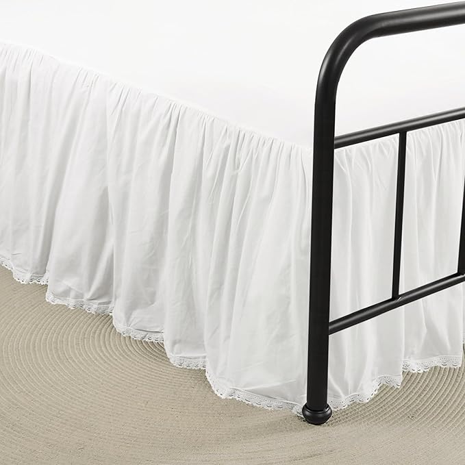 Vlocemon - King Size 14" Drop - White Lightweight Cotton Bed Skirt with Crochet Edge - Dust Ruffle with Split Corner - Soft, Elegant, Breathable Bedding Accessory