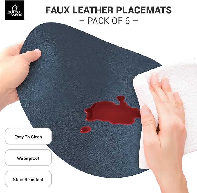 Placemats Set of 6 – Round 15” Faux Leather Table Mats for Dining, Heat Resistant & Non-Slip Washable Table Decor, Indoor, Outdoor, Dining Table Set for 6, Modern Kitchen & Holiday Use, Navy