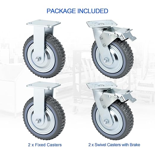 8 Inch Caster Wheels Heavy Duty Casters Set (2 Swivel with Brake, 2 Fixed No Brake), 1600kg/3500LBS Total Capacity Industrial Plate Caster for Workbench, Cart, Trolley, Warehouse Equipment