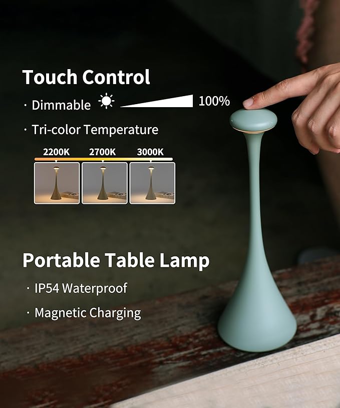 Retro Cordless Table Lamp - Pinup, Beside Touch Lamp with Magnetic Charging, Dimmable & Adjustable Lighting - Rechargeable LED Lamp for HoReCa, Bedroom, Living Room, Outdoor Use (Green)