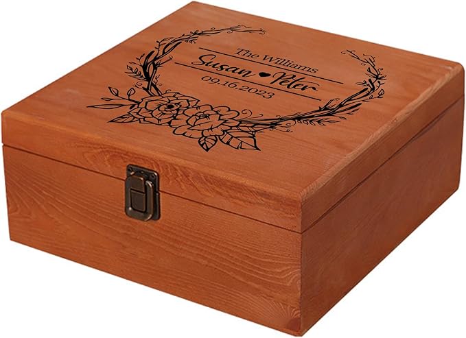 Personalized Wedding Keepsake Box Custom Name Date, Wooden Memory Box Wedding Gift Box for Couples Newlyweds - Customized Gifts for Bridal Shower Anniversary Engagement Christmas