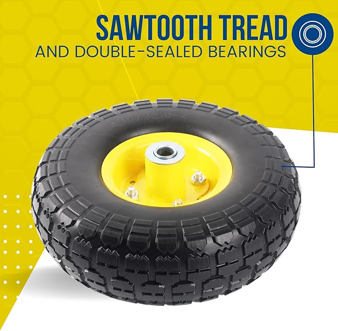 (2-Pack) 10-Inch Solid Tire Wheels - Replacement 4.10/3.50-4" Flat Free Tires and Wheels with 5/8" Axle Bore Hole Bearings, 2.17" Offset Hub -Perfect for Hand Truck, Wheelbarrow, Gorilla Carts