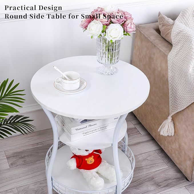 Round Side Table, 3-Tier End Table with Storage Shelf,White Accent Sofa Table for Small Spaces,Corner Round Coffee Table for Living Room, Bedroom,19.6 inch Diameter