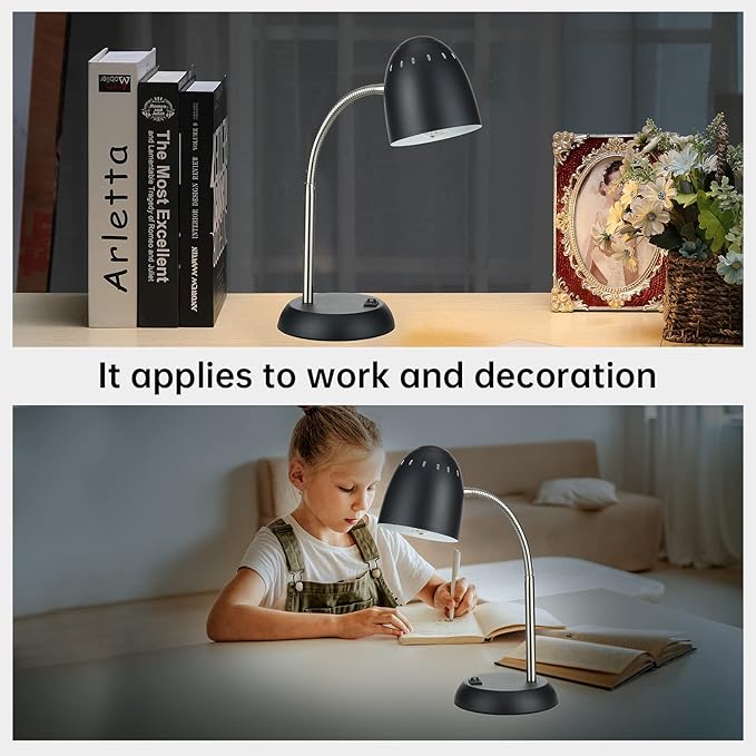 Eye-Caring Table Lamp of Simple Designs Home E26 Led Screw Basic Metal Desk Lamp with Flexible Gooseneck Hose Neck Study Lamp for Bedroom Office Living Room Convenient On/Off Switch(Black)
