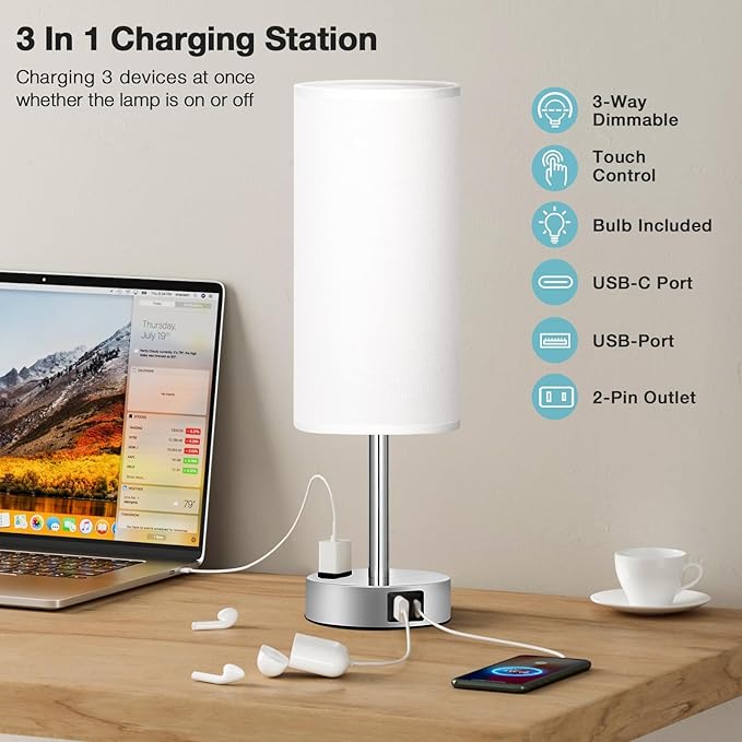 Fenmzee White Touch Bedroom Table Lamp - 3 Way Dimmable Bedside Lamp USB C A Charging Ports and AC Outlet, Small Lamp Nightstand with Silver Base for Living Room, Office Desk, LED Bulb Included