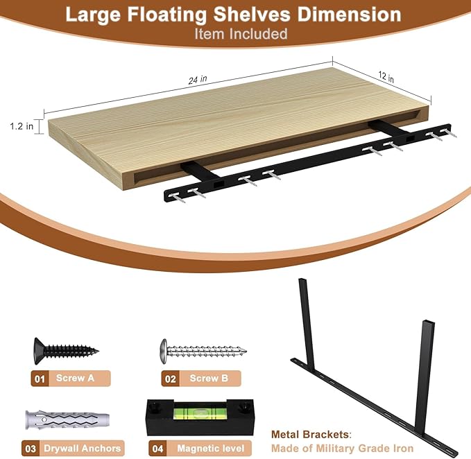 12 Inch Deep Floating Shelves for Wall 3 Pack Floating Shelfs Large Storage Space Wall Decor Display Shelf for Bathroom Living Room Bedroom Kitchen 23.8" W x 12" D x 1.2" H Natural Wood