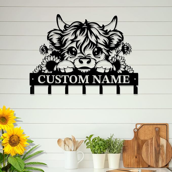 magilab Personalized Custom Highland Cow Wall Hooks,Metal Highland Cow Art Clothes Hooks,Metal Highland Cow Wall Home Storage Decorative,for Front Door, Hallway, Kitchen, Bedroom,Keys,Hats (Style A)