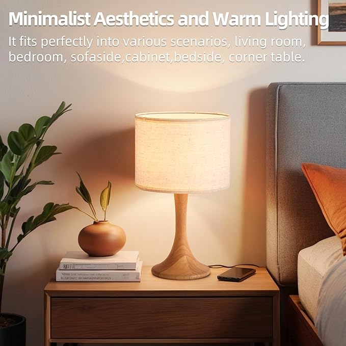 Bedside Table Lamp for Bedroom, Nordic Plug in Fabric Shade & Solid Wood Base Desk Lamp, Plug & Play Yellow Wood Color Nightstand Lamp for Living Room, Office, Switch Power Cord 【Bulb Not Included】