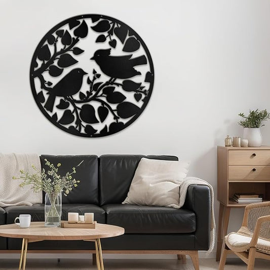 SIGNLEADER Metal Wall Art Decor Birds Tree Circular Frame Minimalist Modern Abstract Wall Sculpture Hangings Home Decoration for Living Room, Bedroom, Bathroom, Kitchen, Outdoor - 18" Black