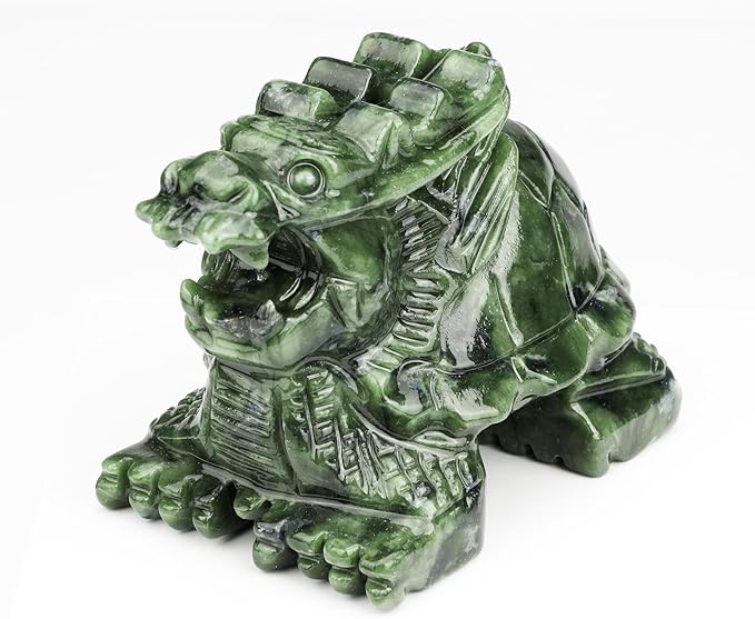 Dragon Turtle Jade Statue - Natural 4inch Gemstone Sculpture for Home Decor, Feng Shui Carved Figurine Outdoor Garden Decorative