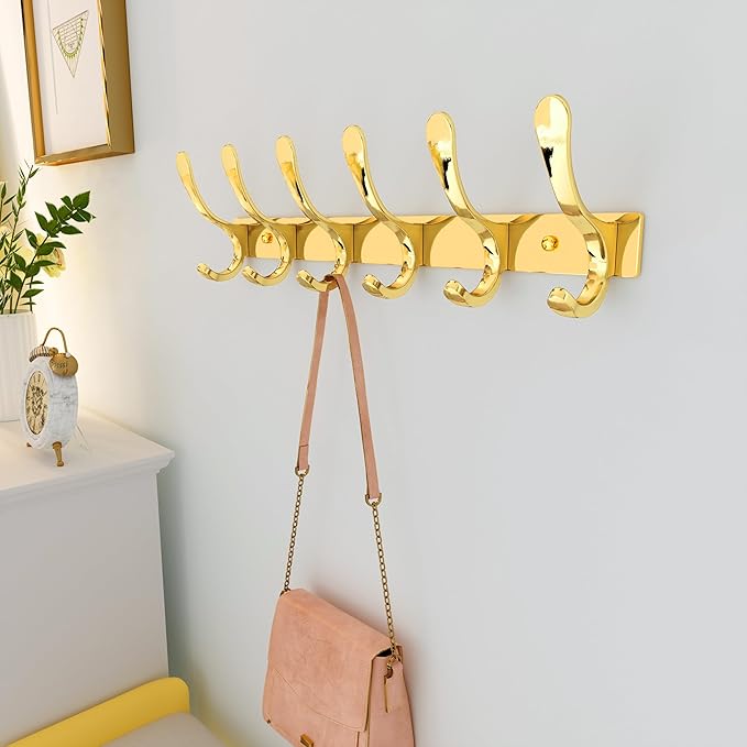 SKOLOO Coat Rack Wall Mounted - 6 Hooks, Pack of 2, Heavy Duty, Stainless Steel, Metal Wall Hangers, Sturdy Coat Hooks for Hanging Coats, Jacket, Clothes, Hat, Bright Gold