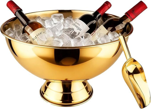 Large Ice Bucket 13L Stainless Steel Champagne Bowl Ice Bucket with Ice Scoop Semicircle Drink Tub with Integrated Base Silver Beverage Tub for Parties, Cocktail Bar, Chilling Wine (1 Pack-Gold)
