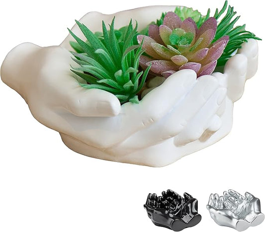 Hand Shaped Succulent Planter Pot - Crystal Holder Display - Air Plant Holder Hand Planter - Giving Hands Sculpture Decor - Key Bowl Ring Dish Trinket Dish Candy Dish - Candle Holder (White)