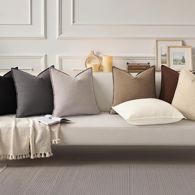decorUhome Spring Decorative Linen Euro Sham Throw Pillow Covers 24x24 Inch Set of 2 Khaki Brown Pillow Covers with Flange Edges Soft Farmhouse Boho Accent Pillow Cases for Couch Bed Living Room