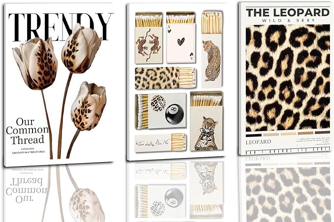 3 Pcs Trendy Leopard Print Wall Art Matchbox Lucky Flower Posters Print Art Leopard Pictures Room Wall Decoration Girl Aesthetics Preppy Style Dorm Decor Suitable for Living Doom Dining Room Bedroom Office Bar Etc