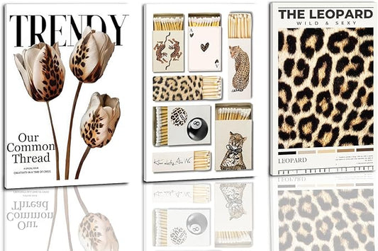 3 Pcs Trendy Leopard Print Wall Art Matchbox Lucky Flower Posters Print Art Leopard Pictures Room Wall Decoration Girl Aesthetics Preppy Style Dorm Decor Suitable for Living Doom Dining Room Bedroom Office Bar Etc