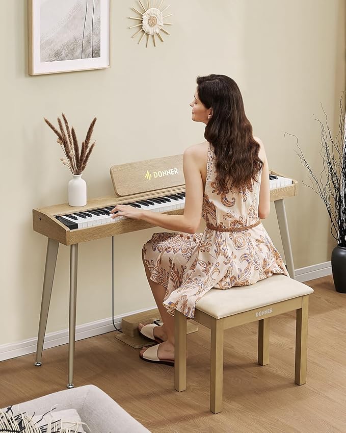 Donner Piano Bench with Storage, Solid Wood Keyboard Bench Piano Bookcase Stool Chair Seat with High-Density Suede Cushion, Light Wood Color