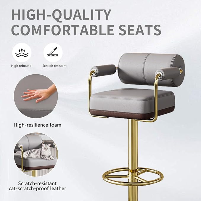 Extra Tall Bar Stools Swivel Counter Height Chair for Kitchen Island Modern Black Leather Adjustable Barstool with Arms,Grey