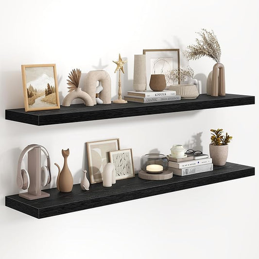 Fun Memories 55 Inch Floating Shelves in Black, 9.3 Inch Deep Floating Shelf for Bathroom Living Room Kitchen, Rusitc Wall Mounted Bathroom Shelves 1 Pack, Heavy-Duty Deep Shelf for Books Decor