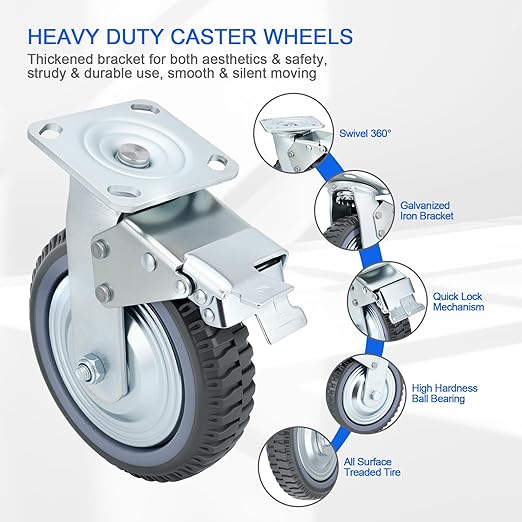 8 Inch Caster Wheels Heavy Duty Casters Set (2 Swivel with Brake, 2 Fixed No Brake), 1600kg/3500LBS Total Capacity Industrial Plate Caster for Workbench, Cart, Trolley, Warehouse Equipment