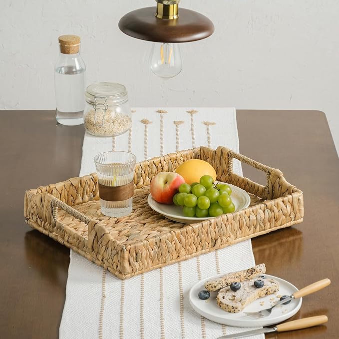 Rectangle Wicker Scalloped Serving Tray with Handles - Seagrass Handwoven Trays,Water Hyacinth Tray for Home Decor and Living Room, Dining Table, Bathroom Organizing, 17.3" L x 13.4" W x 3.6" H