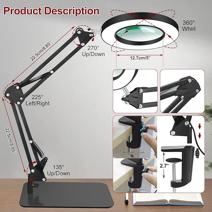 VITOTC 12X Magnifying Light with Stand, 2-in-1 Magnifier with Light Hands Free, Magnifying Glass, 5 Color Modes LED for Work Sewing Reading Hobby Craft Painting Close Work