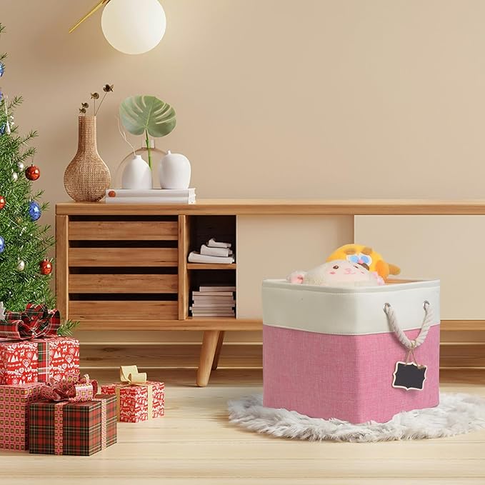 13 Inch Cube Storage Bins[6 Pack],Fabric Storage Cubes with Rope Handles, Eco-Friendly Linen Collapsible Organizers for Closet, Nursery, Toys, Office, Bathroom – Dual Color Design.(White&Pink)