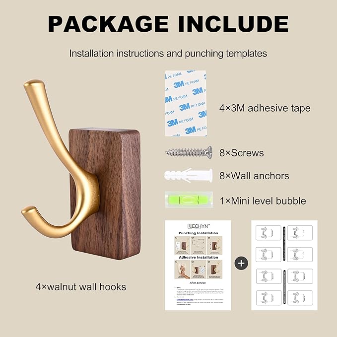 8 Pack Walnut Wood Wall Coat Hooks for Hanging, Adhesive Mounted & Wall Mount Heavy Duty Wooden Double Hook Hanger for Towel Backpack Hat Jacket Clothes Blanket Purse Robe Key Stain Gold Hook