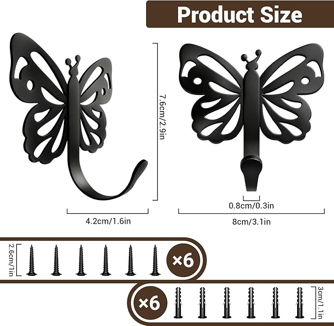 Butterfly Design Wall Hooks for Towel and Coat: 20LB Screw in Aesthetics Metal Hanger Wall Mount for Living Room, Bathroom, Kitchen, Bedroom for Coat, Bag, Scarf, Towel, Hat, Key, Cup, 3 Pack