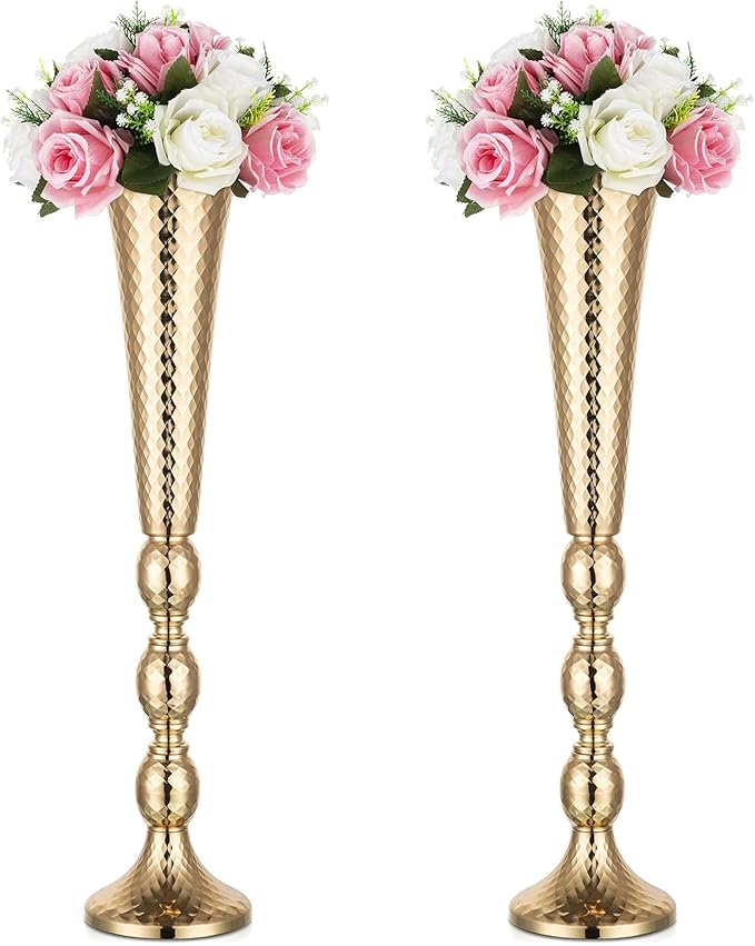 Nuptio 2 Pcs Centerpieces for Wedding Table, 24in Tall Metal Trumpet Vase, Flower Vases for Party Dinner Centerpiece Event, Road Lead for Anniversary Ceremony Birthday Aisle Home Decoration