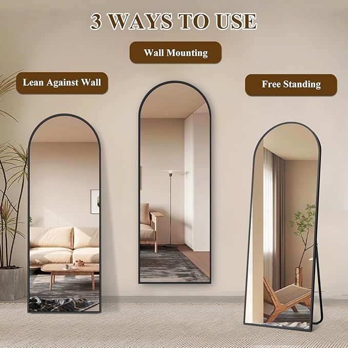 Full Length Mirror with Stand, Black Arched Full Body Mirror, Aluminum Alloy Thin Frame, Freestanding/Leaning/Wall Mount for Bedroom