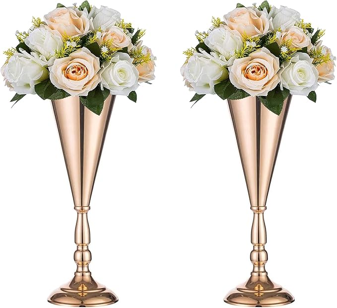 Sziqiqi Trumpet Floral Centerpiece Riser Stand for Wedding Reception Centerpieces Party Event Anniversary Birthday Decoration Flower Arrangement Pack of 2, Rose Gold 14in