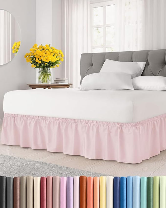 Wrap Around Dust Ruffle Bed Skirt - Lavender Pink - for King Size Beds w/ 12 Inch Drop - Easy Fit Elastic Strap - Adjustable Pleated Bedskirt w/Brushed Fabric - Wrinkle Free, Women, Men, Kids & Teens