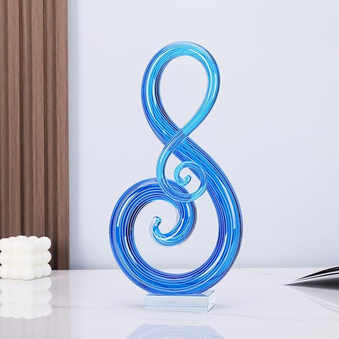 LCCCK 13" H Large Glass Sculpture Blue Hand Blown Glass Figurines Art Music Decor, Modern Red Glasses Decor Crystals Statue Knick Knacks- for Luxury Home Living Room Office Console Table Decoration