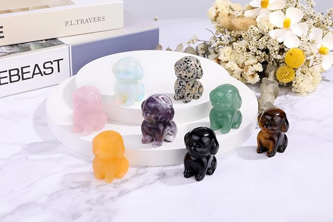 Jovivi Natural Rose Quartz Crystal Sitting Dog Statue Home Decor 1.6" Carved Gemstone Puppy Dog Figurines Pocket Sculpture Reiki Healing Stones Decorative Ornament Gift