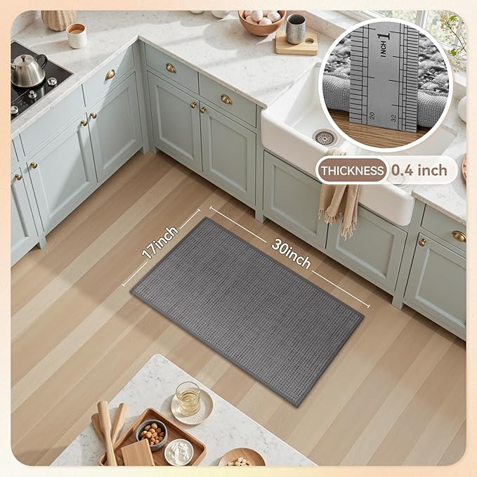 PADOOR Kitchen-Rugs Non Slip Washable, Kitchen-Mats for Floor Super Absorbent Kitchen Floor Mat, Rubber Backing Kitchen Runner Rug, Comfort Standing Mats in Front of Sink 17"x30" Grey