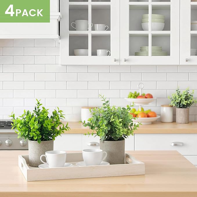 DomeStar 4PCS Faux Eucalyptus Stems, Artificial Eucalyptus Plants Greenery Stems in Pots with Gift Bags and Ribbons for Shelf Desk Home Bathroom Modern Farmhouse Living Room Coffee Table Decor