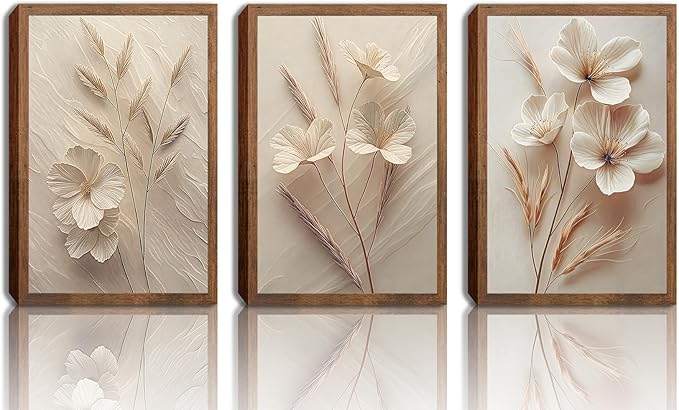 Neutral Beige Floral Canvas Wall Art Set of 3, Modern Minimalist Texture Botanical Wall Decor, Vintage Flower Poster Prints for Living Room Bedroom Farmhouse Ready Home Decor 24x16in Wood Framed