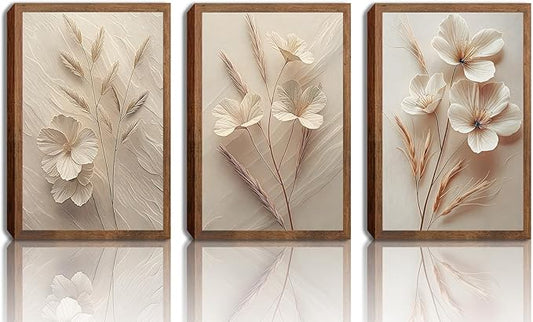 Neutral Beige Floral Canvas Wall Art Set of 3, Modern Minimalist Texture Botanical Wall Decor, Vintage Flower Poster Prints for Living Room Bedroom Farmhouse Ready Home Decor 24x16in Wood Framed