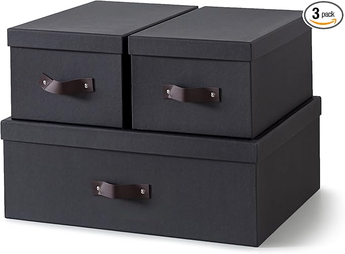 Soul & Lane Decorative Storage Boxes with Lids - Set of 3 (One Large and Two Medium), Sturdy Cardboard Organizers for Photos, Versatile Boxes with Handles for Office & Home, Dark Gray